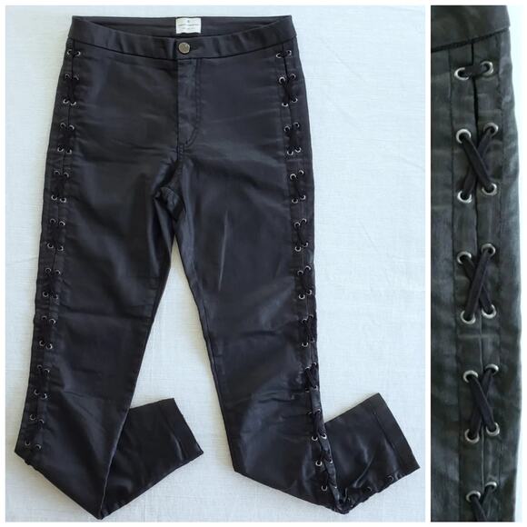 French Connection Jeans Womens 4 Black Coated Denim Lace Rivets Goth Punk Rock - Picture 1 of 13